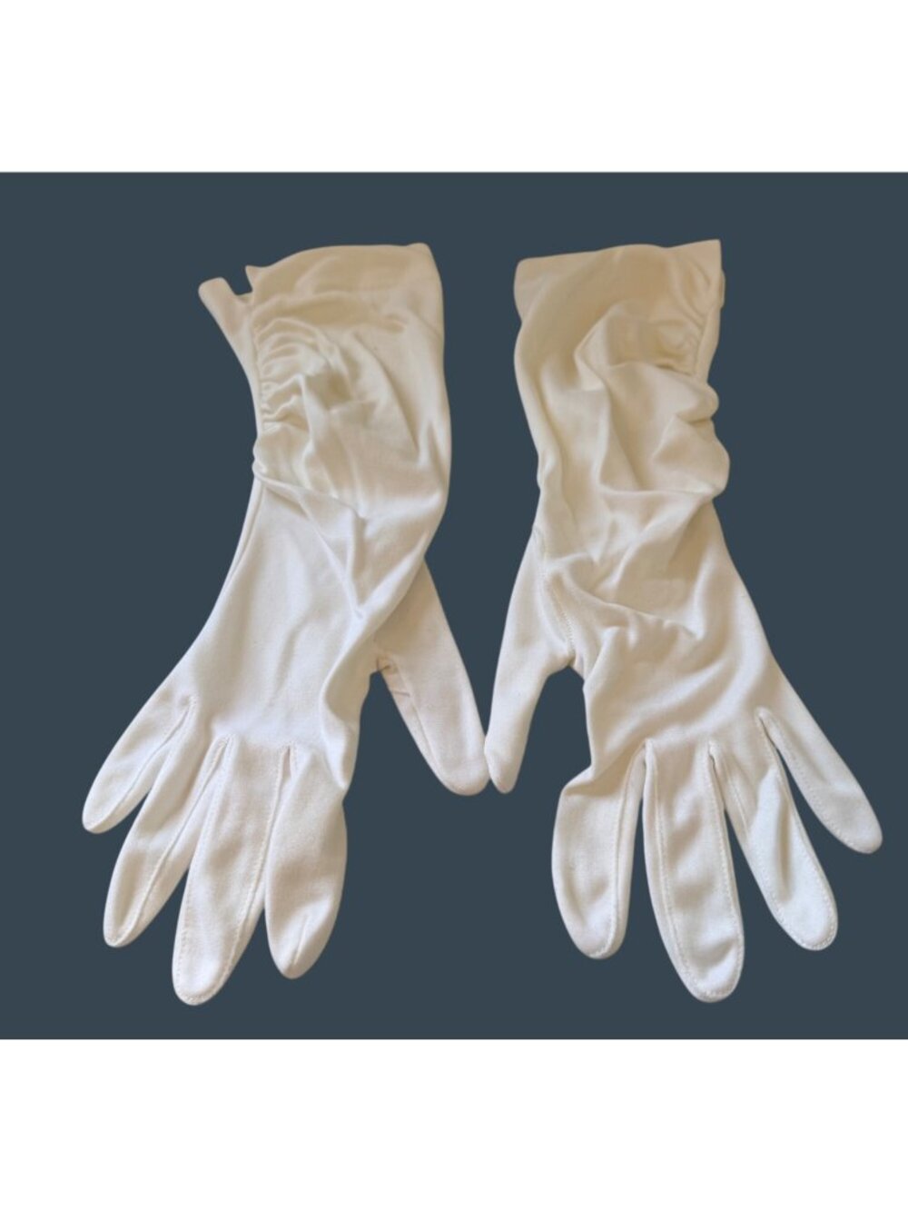 Vintage White Opera Gloves Mid Length Nylon Shirred Wrist Bridal Retro Sz M